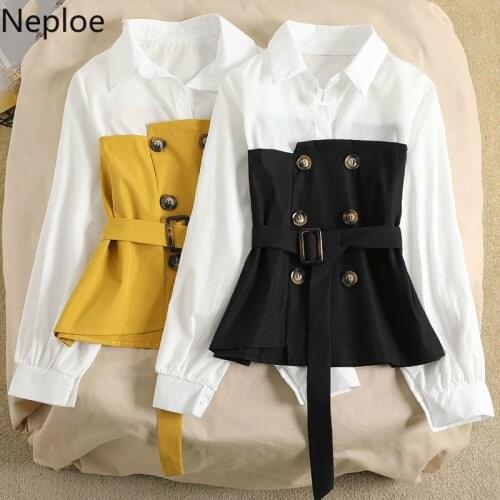 Neploe 2020 Spring Fake Two Pieces Women Shirt Double Breasted Sashes Slim Korean Blouse Patchwork Pullover Blusas Top 57891