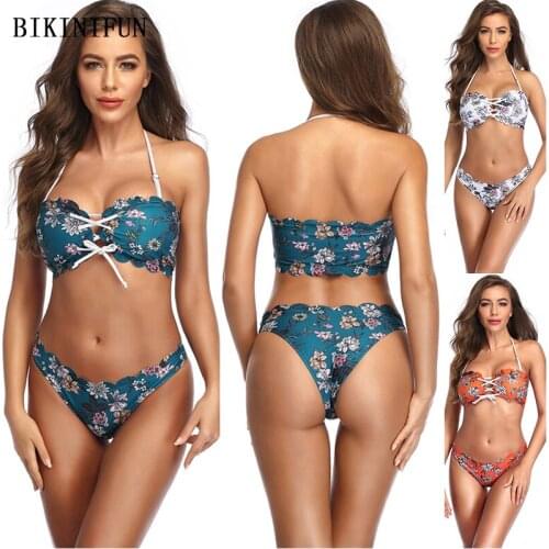 2020 New Sexy Floral Print Swimsuit Strappy Hollow Swimwear Lace Bathing Suit S-XL Girl Backless Halter Beachwear Bikini Set