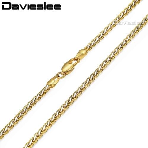 Davieslee Mens Womens Necklace Yellow Gold Filled Chain Hammered Braided Wheat Link Wholesale Jewelry 3/4mm LGN328