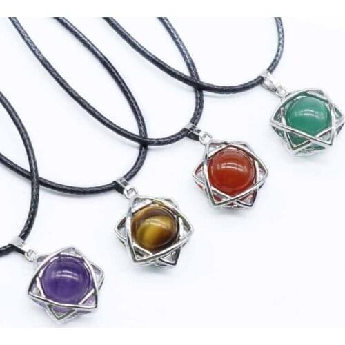 Hexawn star pendant crystal red agate green Eastern amethyst tiger eye lapis lazuli natural leather rope necklace 1Pcs