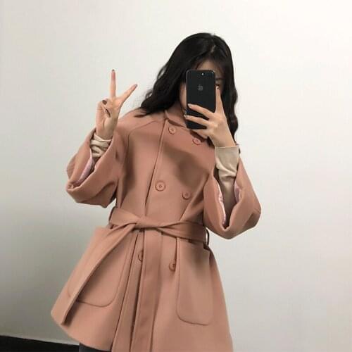 New spring and winter fashion square collar woolen coat womens double-breasted cloak mid-length belt solid color pocket jacket