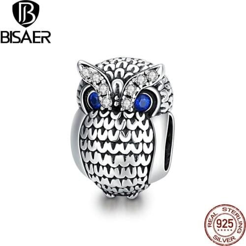 BISAER Retro Shining Owl Charms 925 Sterling Silver 3D Design Owl Bead Pendant fit Original Bracelets DIY Necklace Jewelry