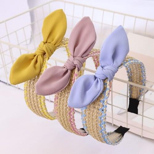 2020 Women Retro Simple Handmade Straw Braid Hairband Wide-Brimmed Wild Small Fresh Headband Cute Rabbit Ears Hair Accessories