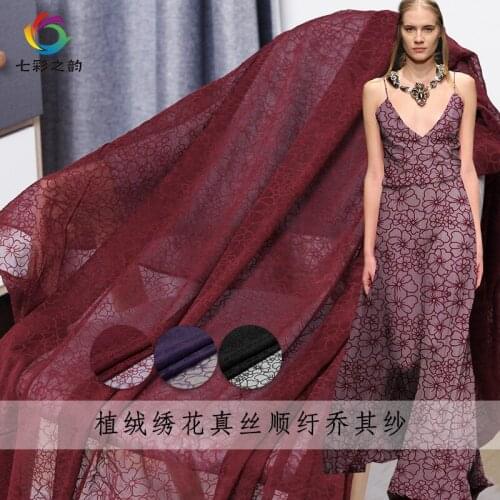 The Cloth 8momme Flowers Flocked Crinkle Chiffon Silk Cotton Materials Summer Dress DIY clothes fabrics Freeshipping