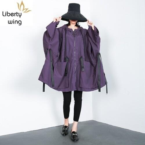 BF Punk Style Bat Sleeve Female Winter Hooded Windbreaker Hip Hop Cardigan Women Trench Coat Belt Loose Outerwear New Trend