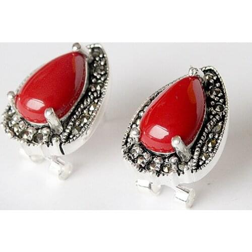 VINTAGE Silver Color RED CORAL MARCASITE STUD EARRINGS 15X19MM