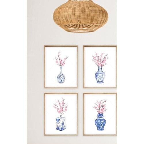 Cherry Blossom Chinoiserie Vases Printable Art Set 4 Prints, Instant Digital Download Blue and White