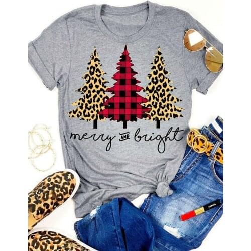 Colored Leopard Christmas Trees Merry and Bright T-Shirt Funny 100% Cotton Casual Graphic Women Grunge Unisex Fit Tshirt Top Tee