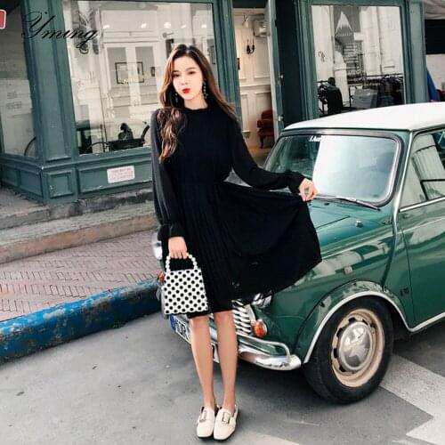 YMING Spring Womens French Niche Retro Waist Long Sleeve Dress Solid Color Pleated Bottoming Dress Friends Party Travel