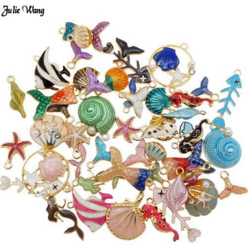 Julie Wang 20pcs Cute Alloy Enamel Animal Mermaid Charms Mixed Fish Conch Seashell Pendant Necklace Bracelet DIY Accessory