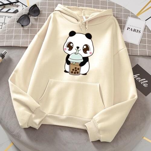 Pearl Milk Tea Panda Kawaii Print Womens Hoody Crewneck Pullover Sweatshirt O-Neck Casual Hoodies Casual Loose Swetshirt Womens