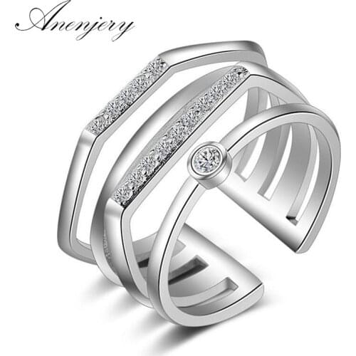 ANENJERY 925 Sterling Silver Rings For Women Mosaic CZ Zircon Multi-layer Resizable Rings bague femme S-R224