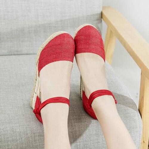 Womens Wedge Sandals Summer Fashionable Breathable Ethnic Style Linen Closed Toe Ankle-Strap Buckle High Heel Sandals