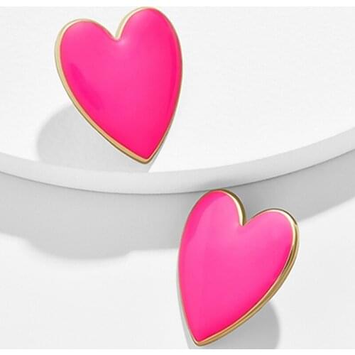 2021 Cute Fashion Black White Pink Yellow Enamel Heart Stud Earrings For Women Large Size All Match Love Heart Earrings