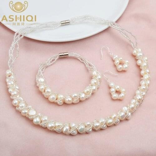 ASHIQI Natural Freshwater Pearl Jewelry Sets & More Hand-knitted Necklace Bracelet 925 Silver Earrings for Women NE+BR+EA