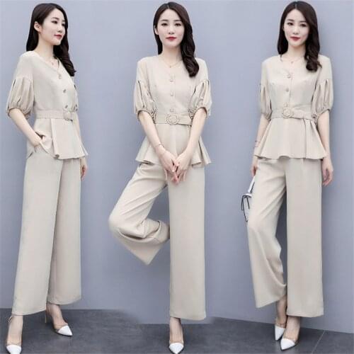 2021 Women Tops High Waist Wide Leg Pants Two Sets of Women Spring Summer New Loose Wild Clothes Womens Suit