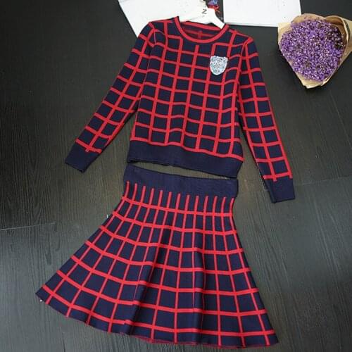 SHTONGHUA High Waist Spring Women 2 Piece Knit Set 2019 Plaid Beading Long Sleeve Sweater Crop Top + Ball Gown Skirt Suits