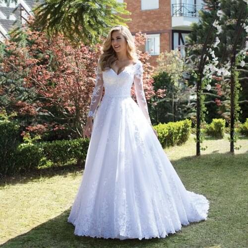 V-neck Lace Applique White Long Sleeves Wedding Dress Garden Lace Bridal Dress vestido de novia con mangas