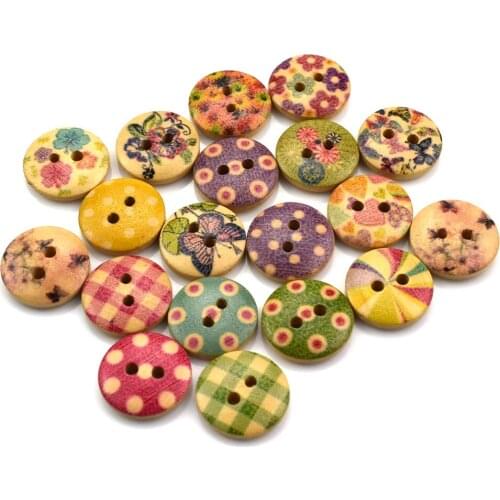 100PCS Mixed Round Spring Flowers Wood Buttons 15mm Sewing Craft Mix Lots Scrapbooking Crafts Wood Bouton Decor Diy Accessories