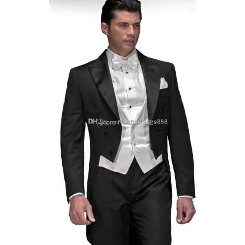 2018 New Tailored Classic Black And White Tailcoat Dinner Wedding Suits Mens Tuxedo Suits Bridegroom (Jacket+Pants+Vest+Bow)