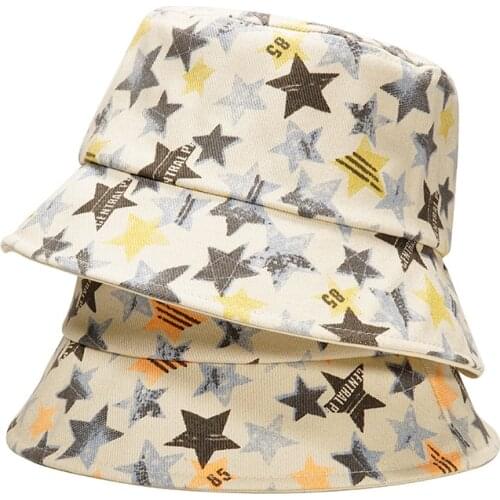 2021 Vintage Star Print Cotton Bucket Hat Reversible Hip Hop Cap Summer Fisherman Hats For Women Men