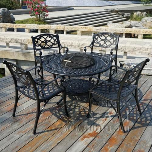 BBQ Garden/Patio Table and 4 Chair Set, Cast Aluminium finished in Black