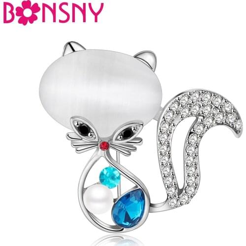 Bonsny Rhinestone Opal Cat Brooches For Women Brooch Pin For Collar Suit Scarf Decoration Kitten Souvenir New Fashion Jewelry