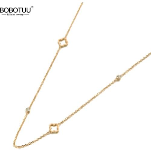 BOBOTUU Trendy Hollow Flower Charm Choker Necklaces For Women Rose Gold Stainless Steel CZ Crystal Chain Pendant Jewelry BN19144