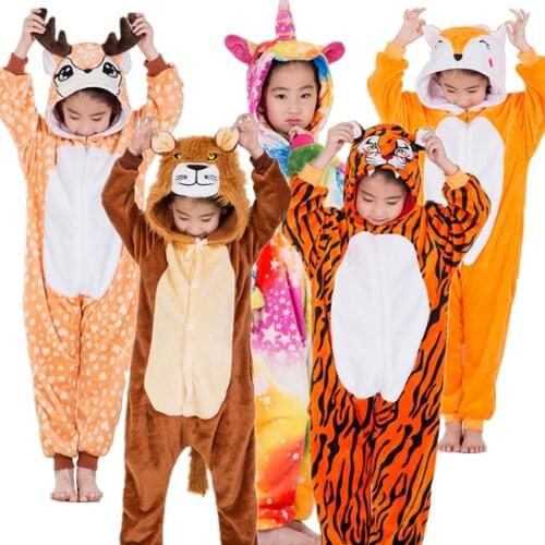 Childrens Sika Deer Unicorn Tiger Lion Fox Flannel Kigurumi Cosplay Costume Onesies Pajama Halloween Carnival Masquerade Party