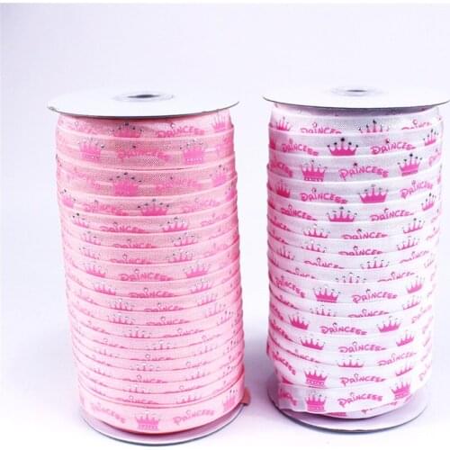5/8" FOE Elastic Headband 100yards/lot, Silver Foil Princess Pink Crown Fold Over Elastic Hair Band FOE elastic for girl