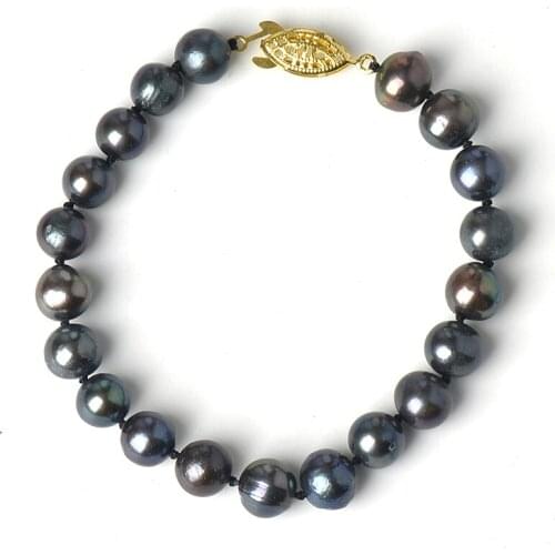 Smooth black nearround natural pearls beads making handmade diy pearls shell bracelet 7.5inch jewelry making