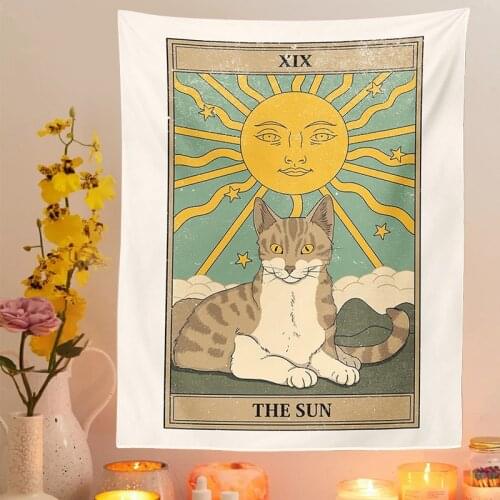 Tarot Card Tapestry Boho Tapestry Wall Hanging Cat Mysterious Divination Witchcraft Beach Moon phase Mat Decor Cat Coven