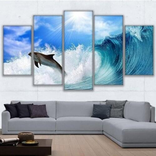Print Painting Home Decor Framework 5 Panel Dolphin Vintage Art Canvas Wall Modular Picture Rolling Wave For Living Room