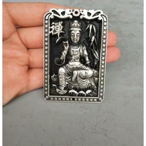 Collection Tibetan Silver Hand Carved Guanyin Buddha Amulet Pendant