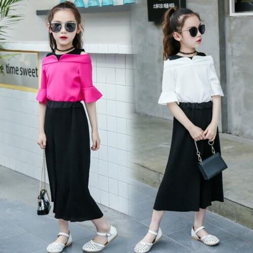 2018 Fashion Summer Toddler Teen Girls Clothing Sets Chiffon Short Sleeve Shirts+Pants 2 Pcs Suit Child Kids Clothes Set JW3315