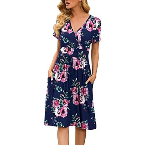 Summer Women Floral Print Dress Casual Short-Sleeved V-Neck Slim Dress Mid-Length Knee Female Dress