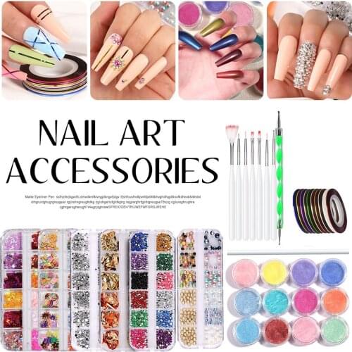 Nail Art Kit with Dotting Painting Pen Nail Rhinestones Acrylic Powder Nail Striping Tape Manicure Tool Set