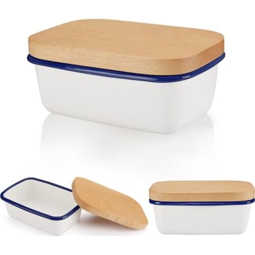 Nordic Butter Box Ceramic Butter Plate Keep Fresh Kitchen Food Butter Cheese Sealing Container Storage Box with Wooden