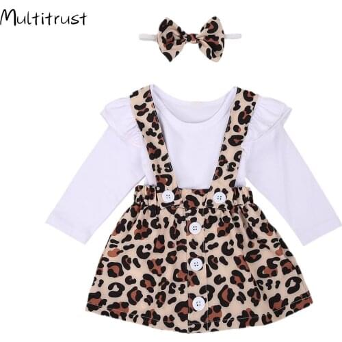 Toddler Girl Clothes 3pcs Lace Long Sleeve Solid Color Top+ Leopard Print Suspenders Button Short Skirt and Bow Hairband