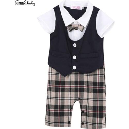 2017 Autumn Cute Formal Cotten Toddler Infant Baby Boy Short Sleeve Gentleman Romper Jumpsuit + Vest + Bowknot Bodysuit 1-3Y
