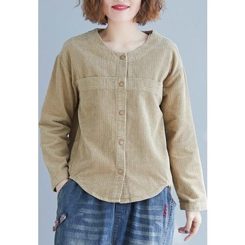 Autumn Winter Pure Color Stitching Corduroy Short Jacket Full Sleeves Buttoned O Neck Cardigan Loose Irregular Age-Reducing Top