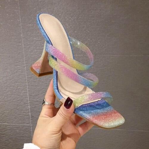 Glitter Bling PVC Jelly Shoes Fashion Design Strange Cup Heels Womens Slippers Classic Square Toe Wedding Sandals Mules