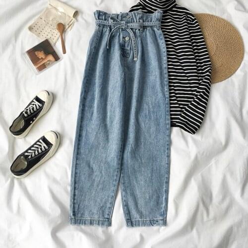 Women Vintage High Waist Jeans Chic Ankle-length Denim Pants Womens New Lovely Bow Loose Casual Daily Trousers Femme Plus Size