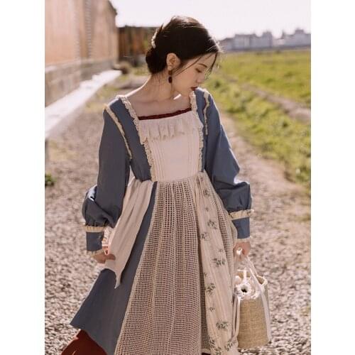 Mori Girl Style Prairie Chic Women Dress Cosplay Vintage Patchwork Lace Lantern Sleeve Casual Large Size Dresses Vestido Fiesta