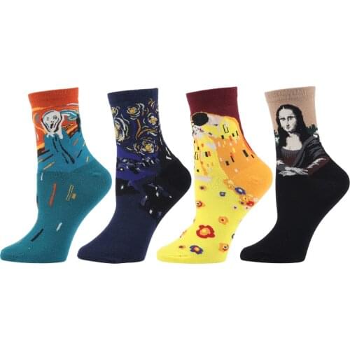 4 Pair KSJMCZ Mona Lisa The Scream Starry Night Painting Short Socks Womens Cotton Socks Retro Arts Socks
