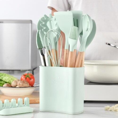 Storage barrel silicone kitchen accessories with wooden handle non stick pot cooking spoon shovel 12 piece kitchen set