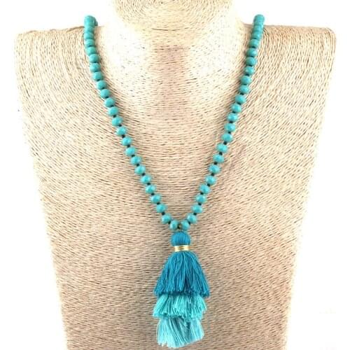 Free Shipping Fashion Bohemian Tribal Jewelry Glass Crystal long Knotted 3 Color Tassel Necklace