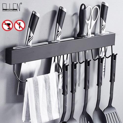 ELLEN Kitchen Knife Holder Punch-free Kitchen Storage Towel Holder Black Multifunction EL326