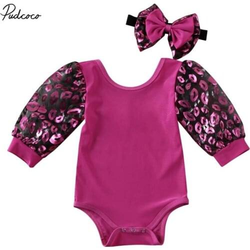 2020 Baby Summer Clothing Newborn Baby Girl Clothes Mesh Long Puff Sleeve Lip Print Romper Jumpsuit Headband Outfit