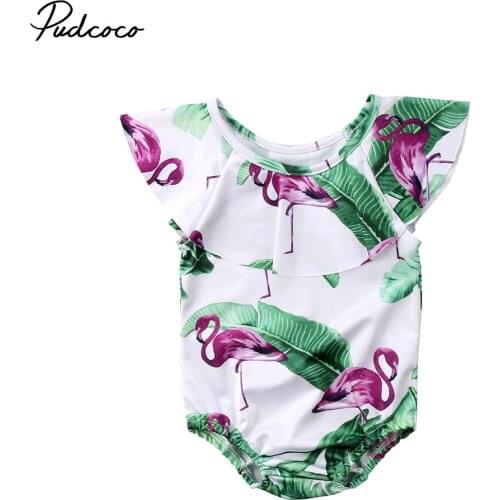 Hot 6M-4Y Toddler Kid Baby Bodysuit Girl Flamingo Flower Ruffle 1-4T Bodysuit O-Neck Short Sleeve Beach Wear Outfits